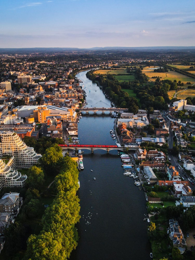 Ariel view of Kingston upon Thames along the river Ariel view of Kingston upon Thames along the river